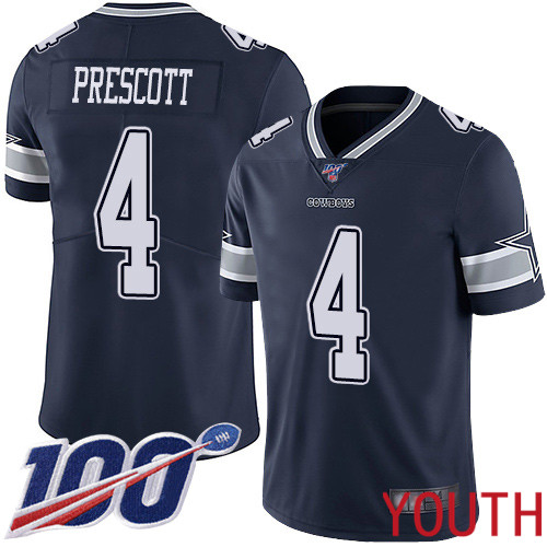 Youth Dallas Cowboys Limited Navy Blue Dak Prescott Home #4 100th Season Vapor Untouchable NFL Jersey->youth nfl jersey->Youth Jersey